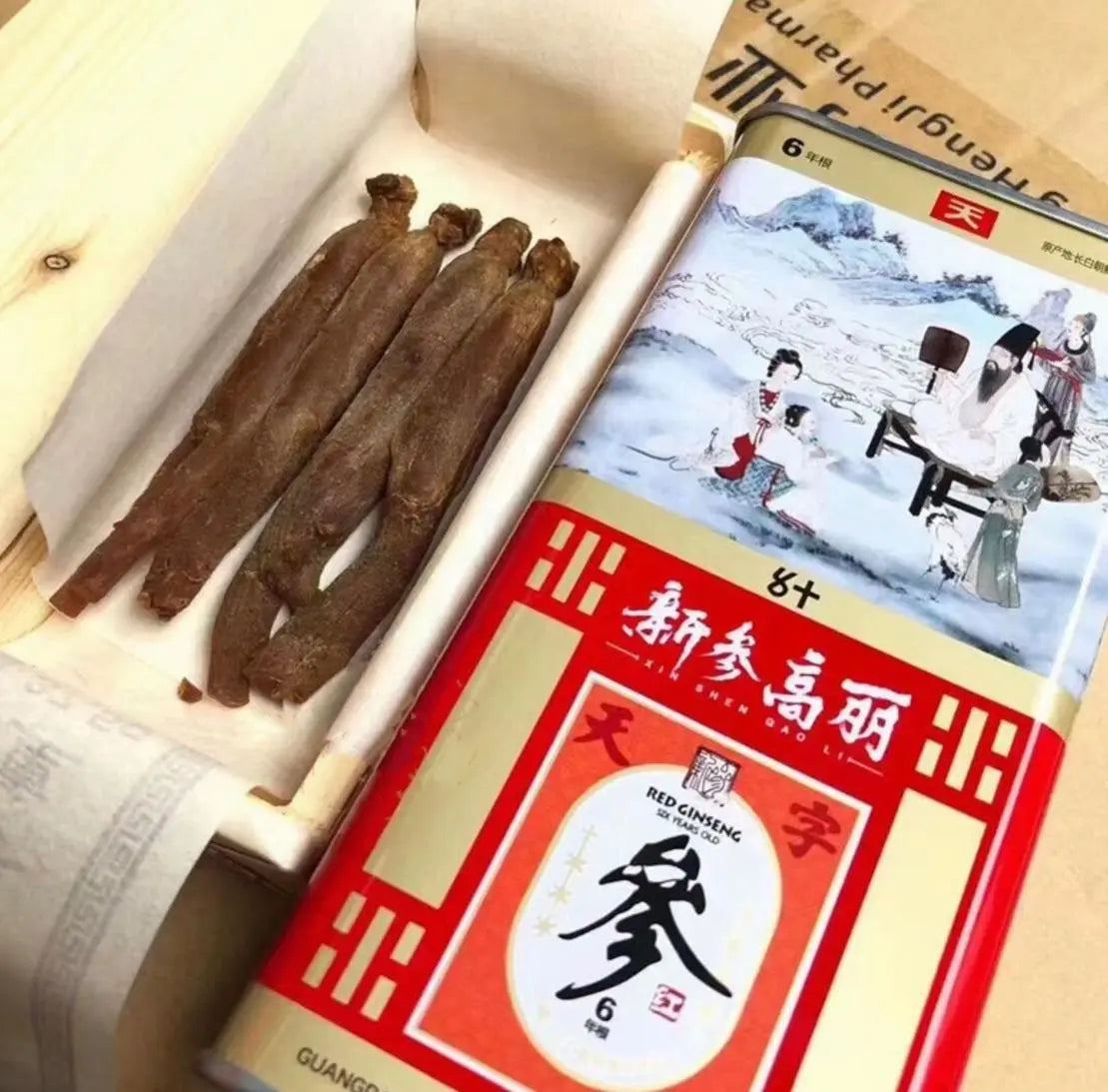 新参高丽37.5克盒天字号6年根高丽参铁盒整支红参 广东亨济高丽参
