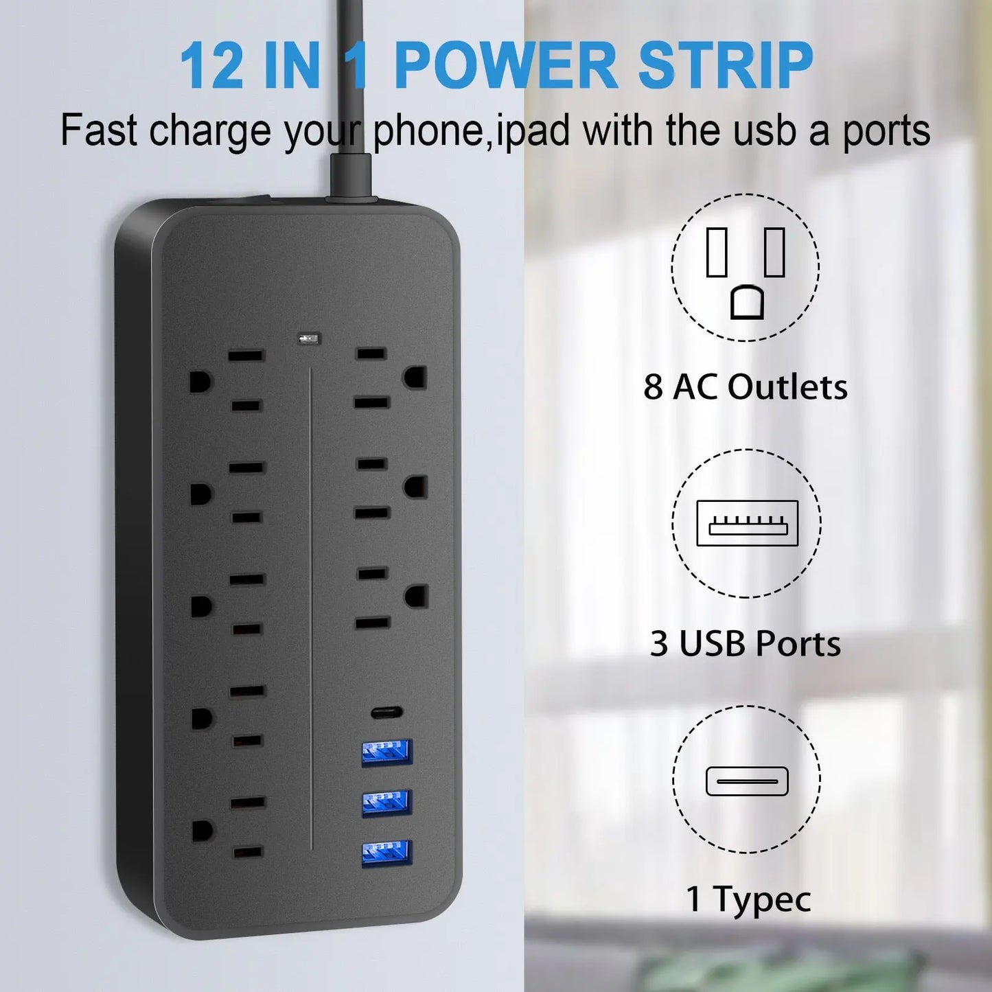 黑色新款双排拖线板插座插排3USB 8位插线板 asianstore11