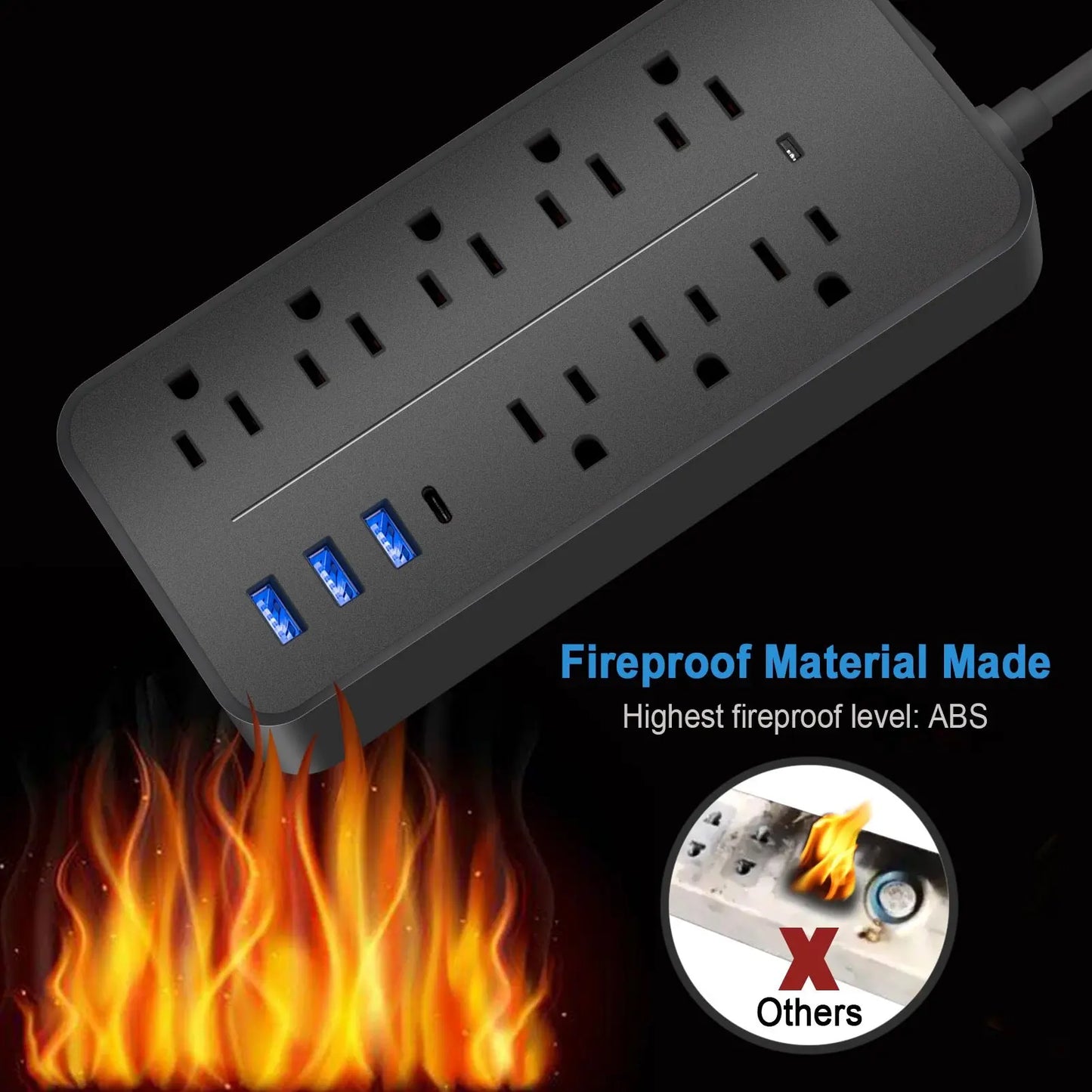 黑色新款双排拖线板插座插排3USB 8位插线板 asianstore11
