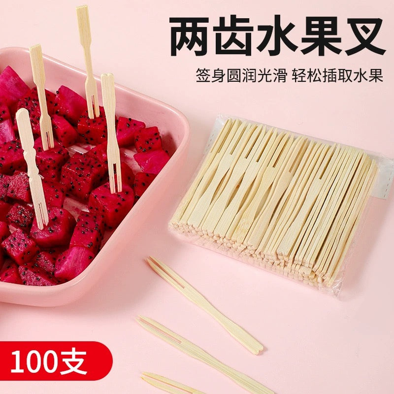 竹制水果叉子100支装9cm （3 1/2”）蛋糕叉一次性天然竹子寿司叉